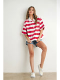 Oversized red and cream striped short sleeve rugby polo top