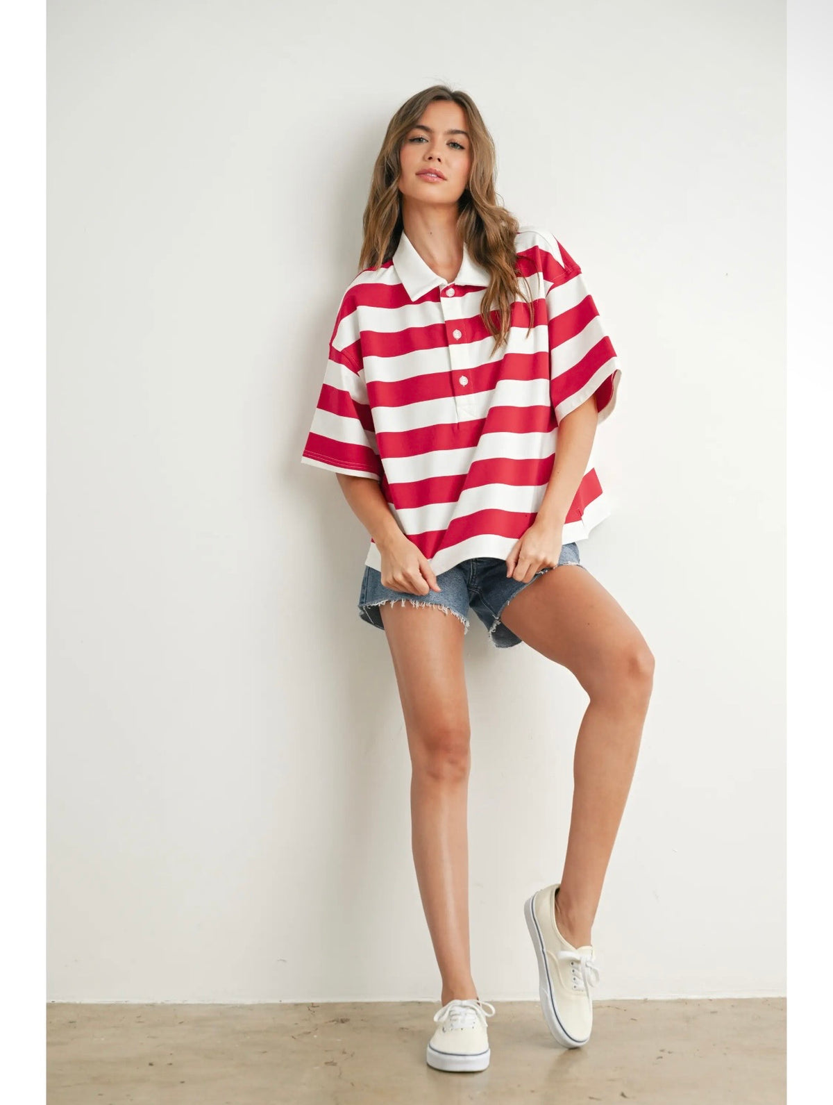 Oversized red and cream striped short sleeve rugby polo top