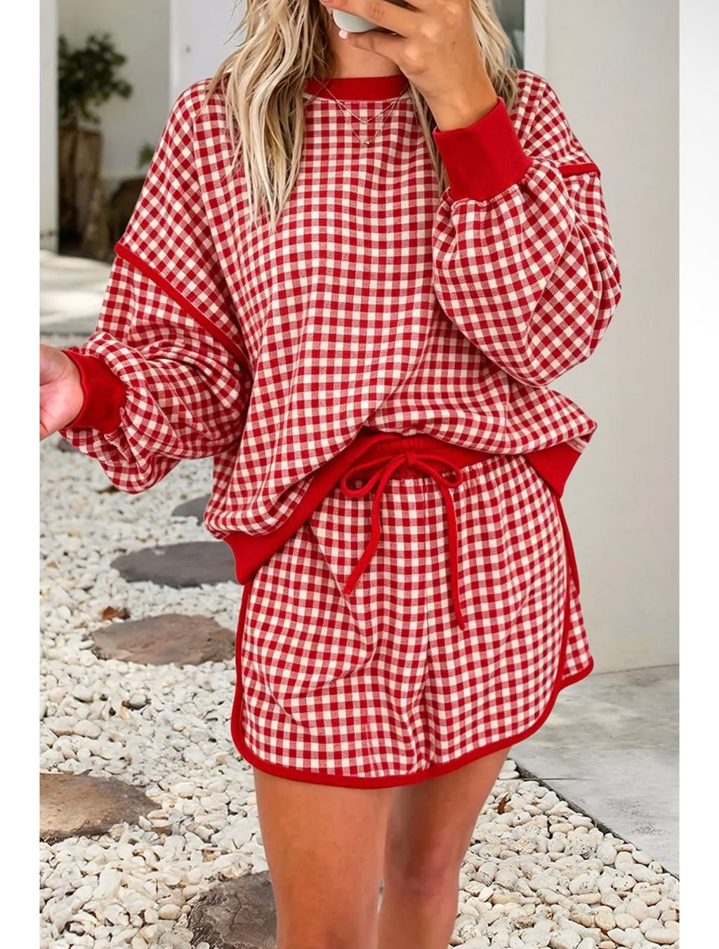 Red and white gingham oversized crew neck top and matching skort set