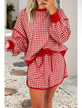 Red and white gingham oversized crew neck top and matching skort set